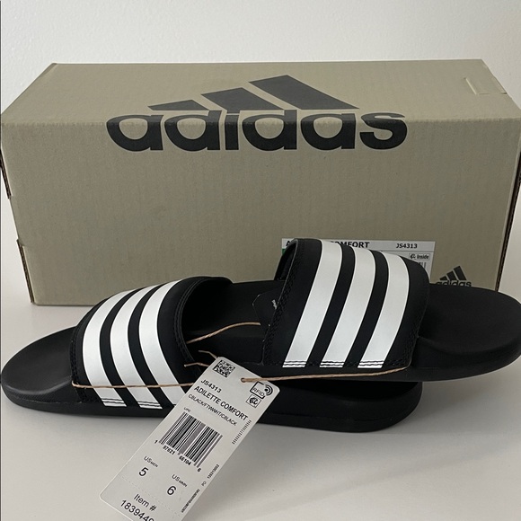 adidas Adeletti Size Men 5 /Women 6 Comfort Slide Sandals, Black & White / Z5 - Picture 4 of 6